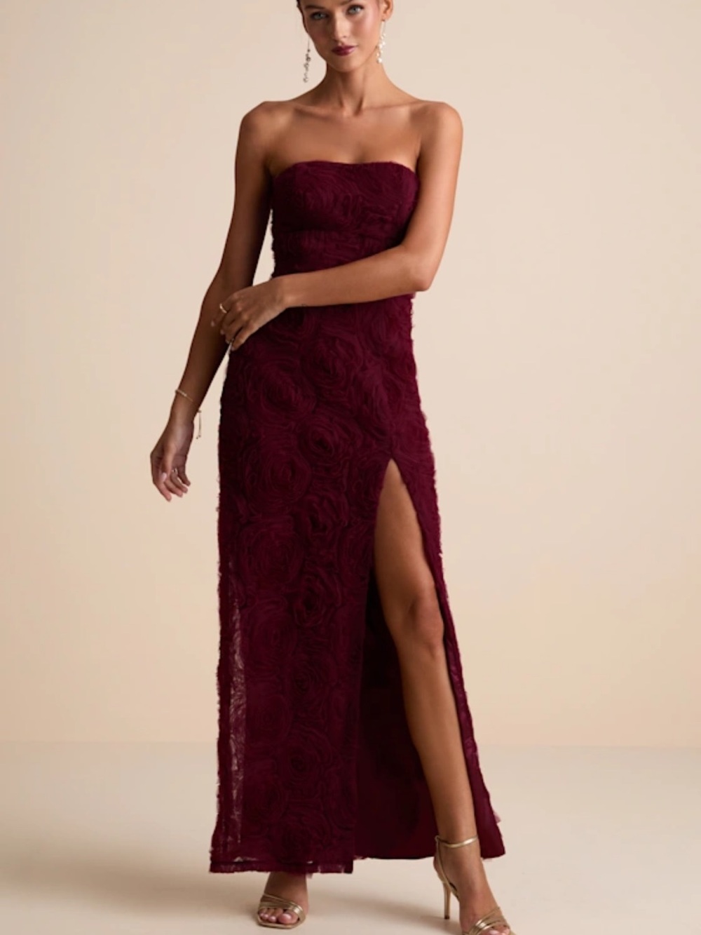Lulus Amalia Burgundy Textured Strapless Maxi Dress Small NWT